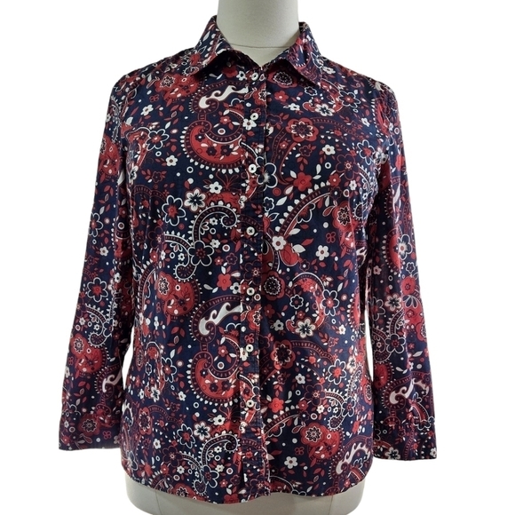 Talbots 100% Cotton Blue Red White Floral Paisley Button-Up Shirt Patriotic - Picture 1 of 8